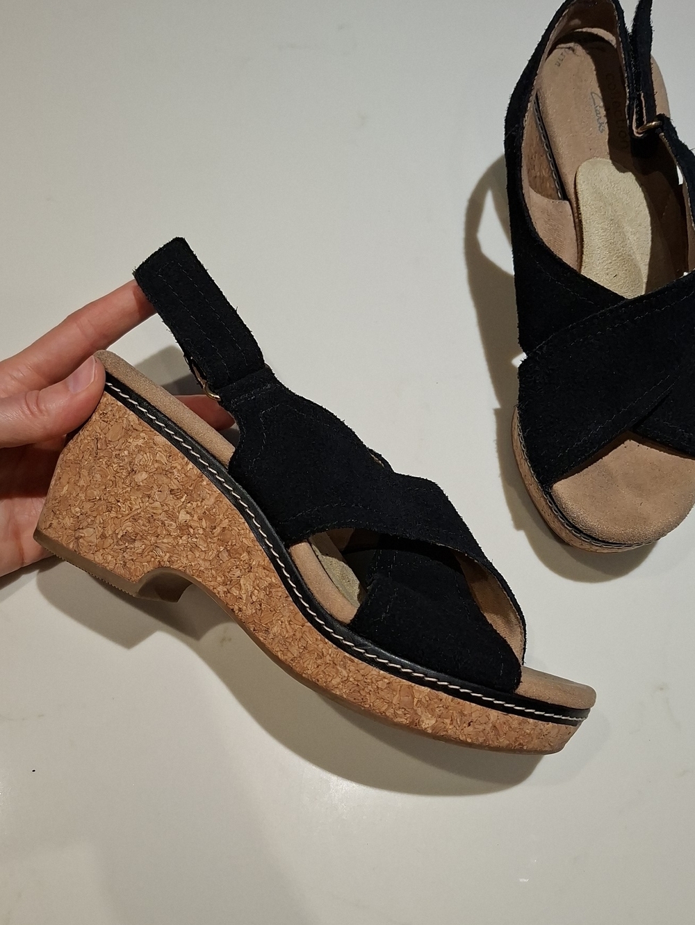 Clarks "Giselle" Black Suede Cork Criss-cross Platform/Wedge Sandals (US 7.5)
